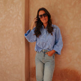 HAJAR BLUE STRIPED FLOWER BLOUSE