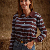 QUINLYN BROWN STRIPED LONGSLEEVE POLO SHIRT