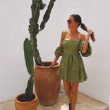 SOLAZ OLIVE GREEN EMBROIDERED DRESS