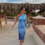 BALSAM BLUE SATIN ONE SHOULDER DRESS