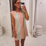 EVI GREEN/PINK STRIPED PRINT CROCHET DRESS