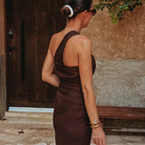 CORALITO BROWN LINEN ONE SHOULDER DRESS