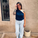 DUNES & DATES DARK BLUE ONE SHOULDER TOP