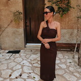 CORALITO BROWN LINEN ONE SHOULDER DRESS