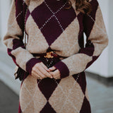 ANOUCK BURGUNDY/BEIGE ARGYLE DRESS