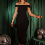 PARTY STAR BLACK RIBBED OFF SHOULDER DRESS