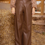 DANICA WIDE BROWN LEATHER PANTS