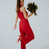 KISS ME RED PLISSE HALTER JUMPSUIT