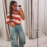 ALORA RED STRIPED ONE SHOULDER T-SHIRT