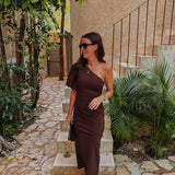 NAYEL BROWN LINEN ONE SHOULDER DRESS