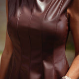 LORETTA BROWN PEPLUM LEATHER DRESS