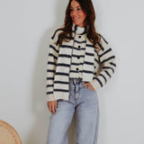 MONA ECRU STRIPED CARDIGAN WITH SCARF