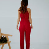 KISS ME RED PLISSE HALTER JUMPSUIT