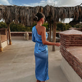BALSAM BLUE SATIN ONE SHOULDER DRESS