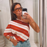 ALORA RED STRIPED ONE SHOULDER T-SHIRT