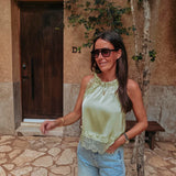 RIVELLE SOFT GREEN SATIN LACE TOP
