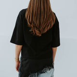 NORA BLACK LONG ASYMMETRIC LACE T-SHIRT