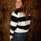 AVENIS DARK BLUE/ECRU STRIPED POLO KNIT SWEATER