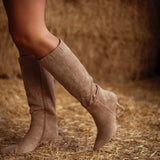 THORNFIELD BEIGE SUEDE HEEL BOOTS