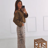 BEIGE TIGER PRINT WIDE LEG PANTS