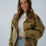 EVELYNE OLIVE GREEN SHINY LEATHER JACKET