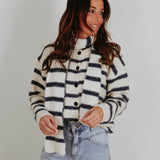 MONA ECRU STRIPED CARDIGAN WITH SCARF