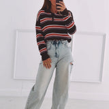 MACKENZIE BROWN STRIPED POLO KNITTED SWEATER
