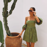SOLAZ OLIVE GREEN EMBROIDERED DRESS