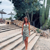 YESENIA KHAKI SATIN WRAP FLOWER DRESS