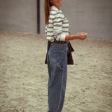 QUINLYN ECRU STRIPED LONGSLEEVE POLO SHIRT