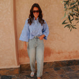 HAJAR BLUE STRIPED FLOWER BLOUSE