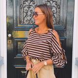 MARABETH ECRU/BROWN STRIPED CUT-OUT SWEATER
