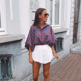 CELINE BORDEAUX/DARK BLUE CHECKERED BLOUSE