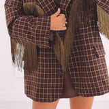 JOLENE BROWN CHECKERED FRINGE BLAZER