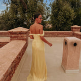 OUAFAE YELLOW PLISSE OFF SHOULDER DRESS