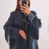 JOLENE DARK BLUE CHECKERED FRINGE BLAZER