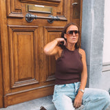 TATIANA BROWN RIBBED LACE TOP