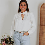 ANNELIES WHITE SATIN FLOWER BLOUSE