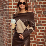 LENI BROWN ARGYLE OFF SHOULDER SWEATER