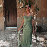 LUNESSA KHAKI LACE OFF SHOULDER DRESS