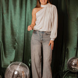 CANDLELIGHT ECRU SATIN ONE SHOULDER BLOUSE