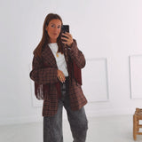 JOLENE BURGUNDY CHECKERED FRINGE BLAZER