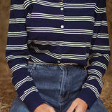 QUINLYN DARK BLUE STRIPED LONGSLEEVE POLO SHIRT